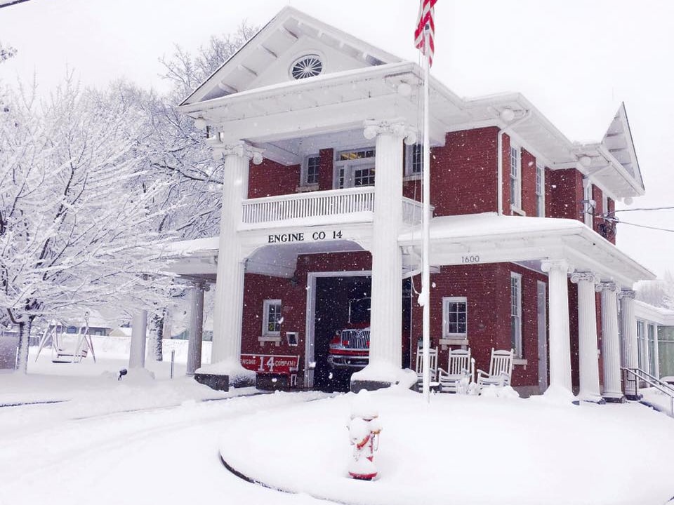 Engine Company 14 firehouse on a snowy day in Lockeland Springs